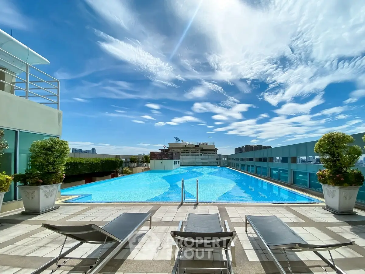 Luxurious rooftop pool with stunning city views and sun loungers, perfect for relaxation and leisure.