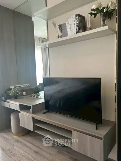 Modern living room with sleek TV stand and stylish decor