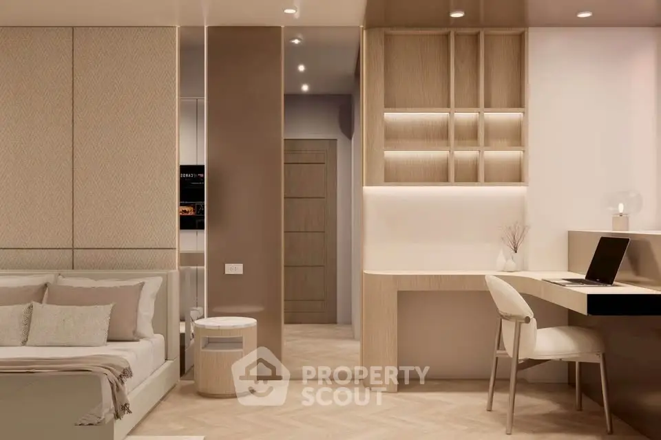 Modern bedroom with elegant study area and stylish decor