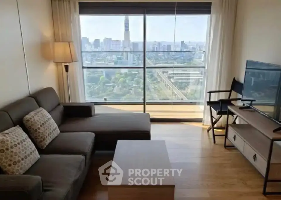 Modern living room with stunning city view and stylish furniture