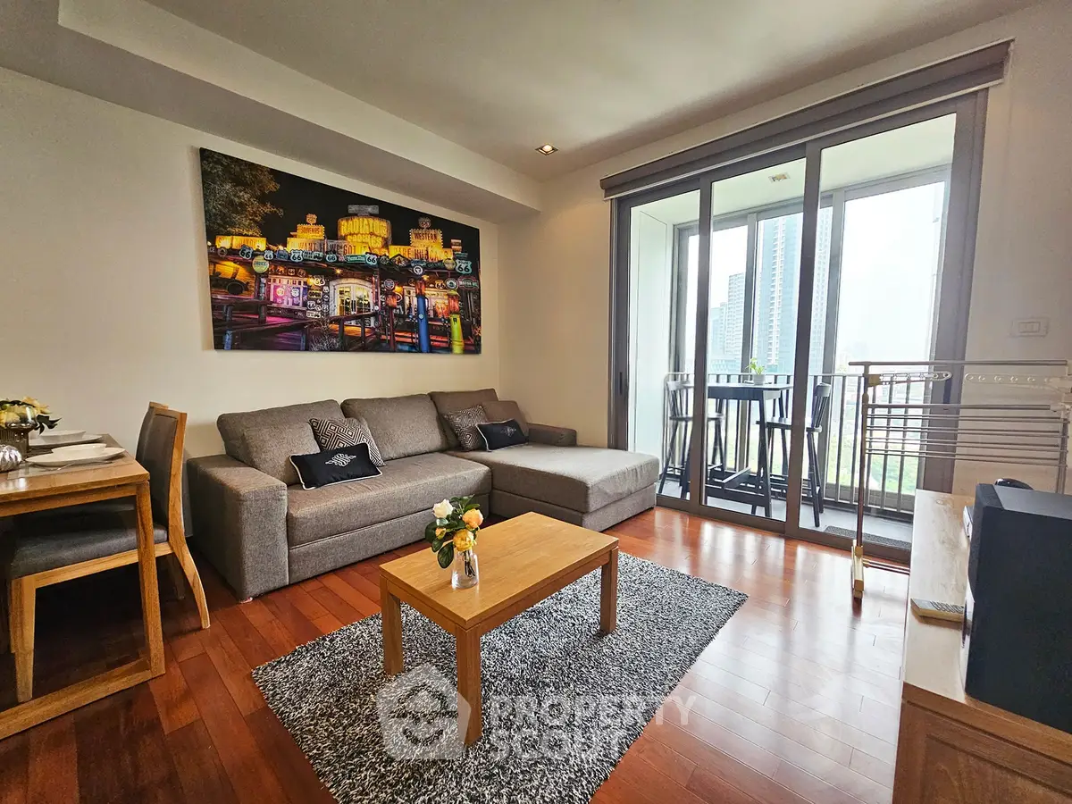 Modern living room with balcony view in urban apartment