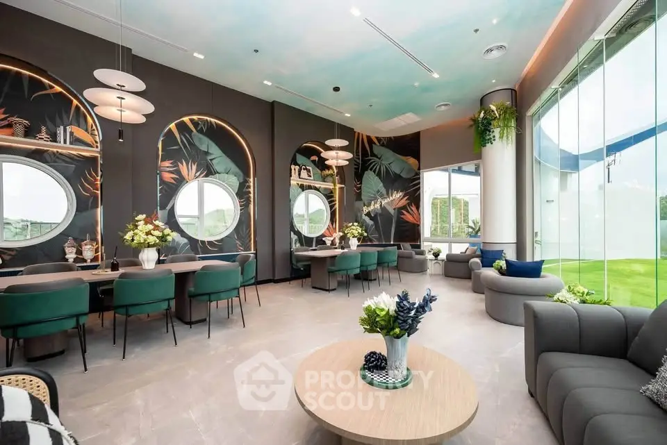 Luxurious modern lounge with stylish decor and panoramic windows