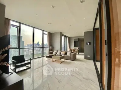 Luxurious modern living room with panoramic city views and elegant marble flooring.