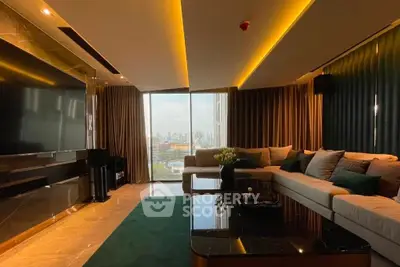 Luxurious living room with panoramic city view, modern decor, and ambient lighting.