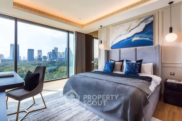 Luxurious bedroom with stunning city view and modern decor