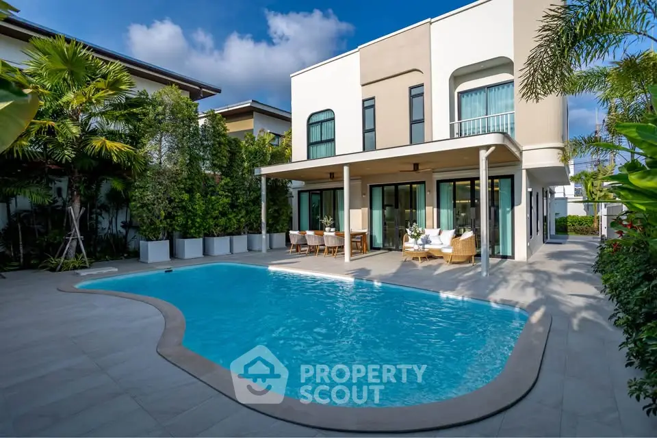 Luxurious modern villa with private pool and spacious outdoor patio, perfect for relaxation and entertainment.