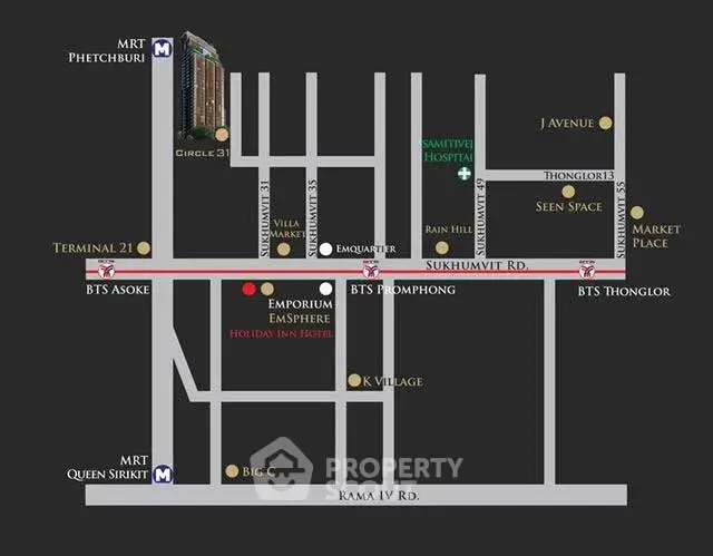 Map showing prime real estate locations near Sukhumvit Road, highlighting transport links and amenities.