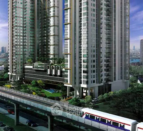 Luxurious high-rise building with modern architecture and lush greenery, offering urban living with stunning city views.
