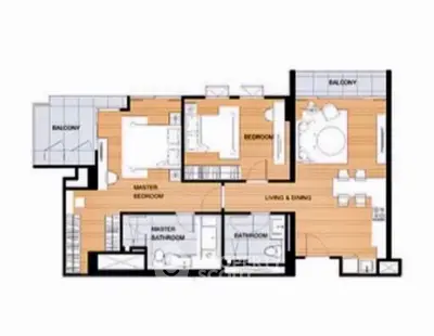 Modern apartment floor plan with spacious living and dining area, two bedrooms, and two balconies.