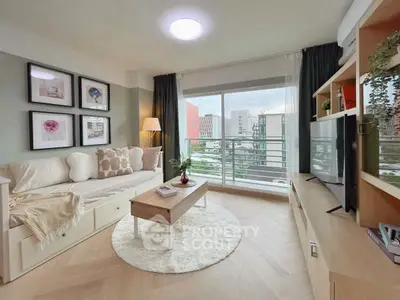 Stylish living room with modern decor and city view balcony