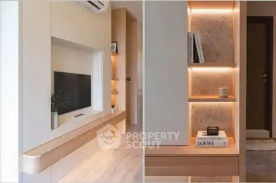 Modern living room with built-in TV unit and stylish shelving