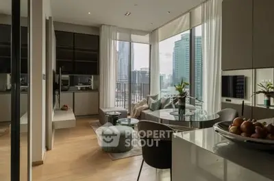 Modern living room with city view, open layout, and stylish decor