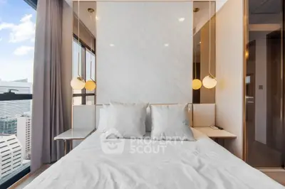 Luxurious modern bedroom with city view, elegant decor, and plush bedding in high-rise apartment.