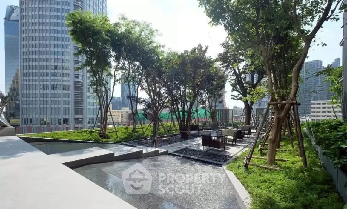 Luxurious urban rooftop garden with seating area and city skyline view