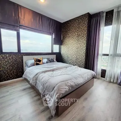 Luxurious bedroom with stunning city view and elegant decor