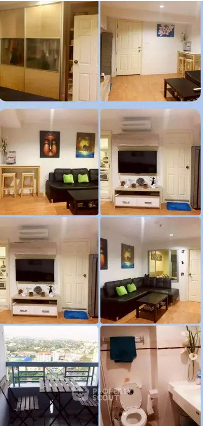Modern condo with spacious living room, stylish decor, and stunning city view from balcony.
