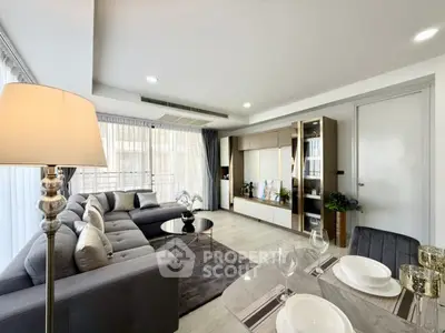 Modern living room with elegant decor and spacious seating area