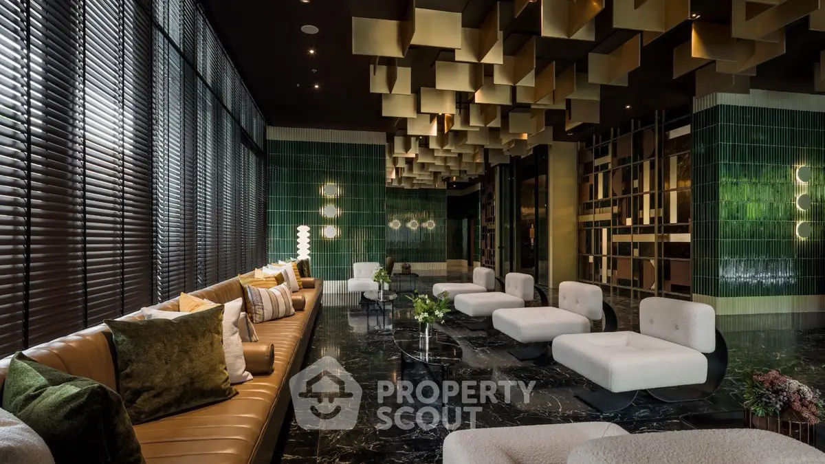 Luxurious modern living room with unique ceiling design and elegant seating area.