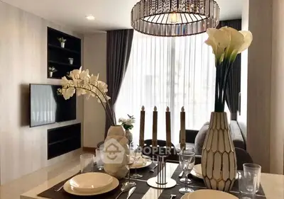 Elegant living room with modern decor and large windows