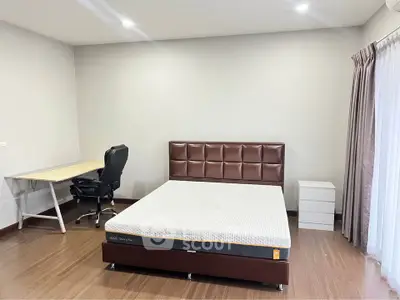 Spacious bedroom with modern furniture and natural light
