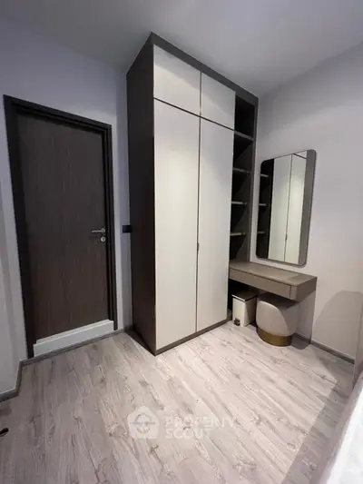 Modern bedroom with sleek wardrobe and stylish vanity area