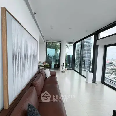 Luxurious modern living room with stunning city view and elegant decor