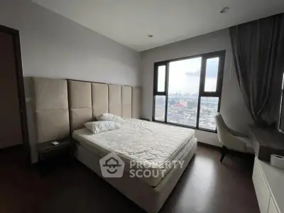 Spacious bedroom with city view, featuring a comfortable bed and modern decor, perfect for urban living.