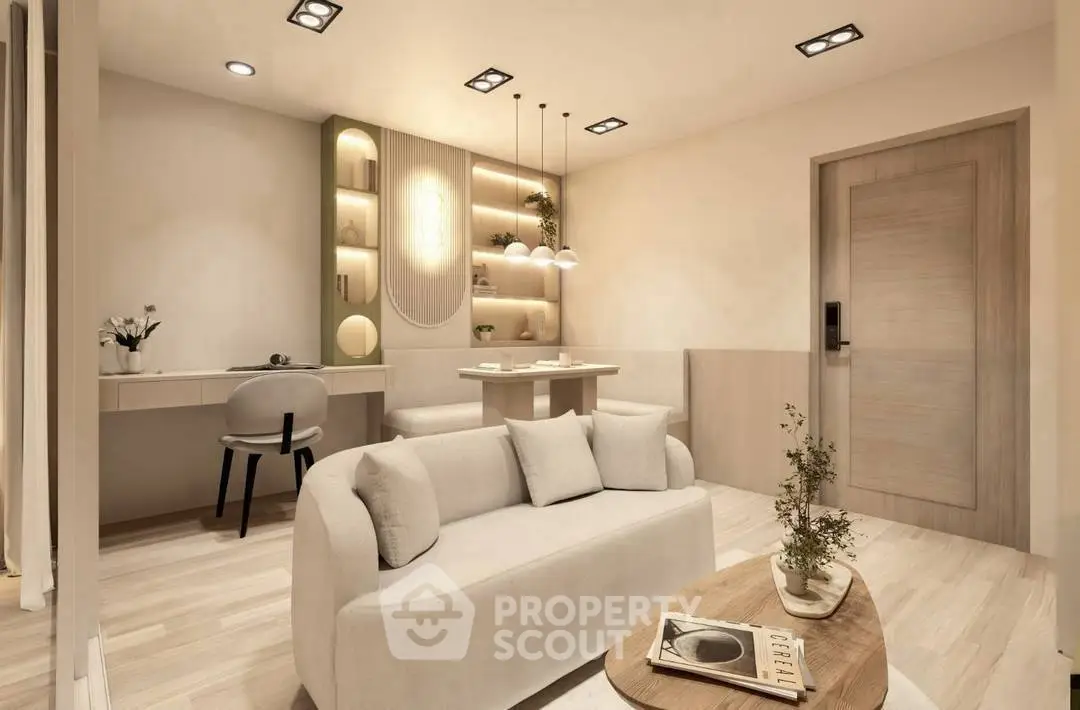 Modern living room with elegant decor and cozy seating area, perfect for relaxation and entertaining.