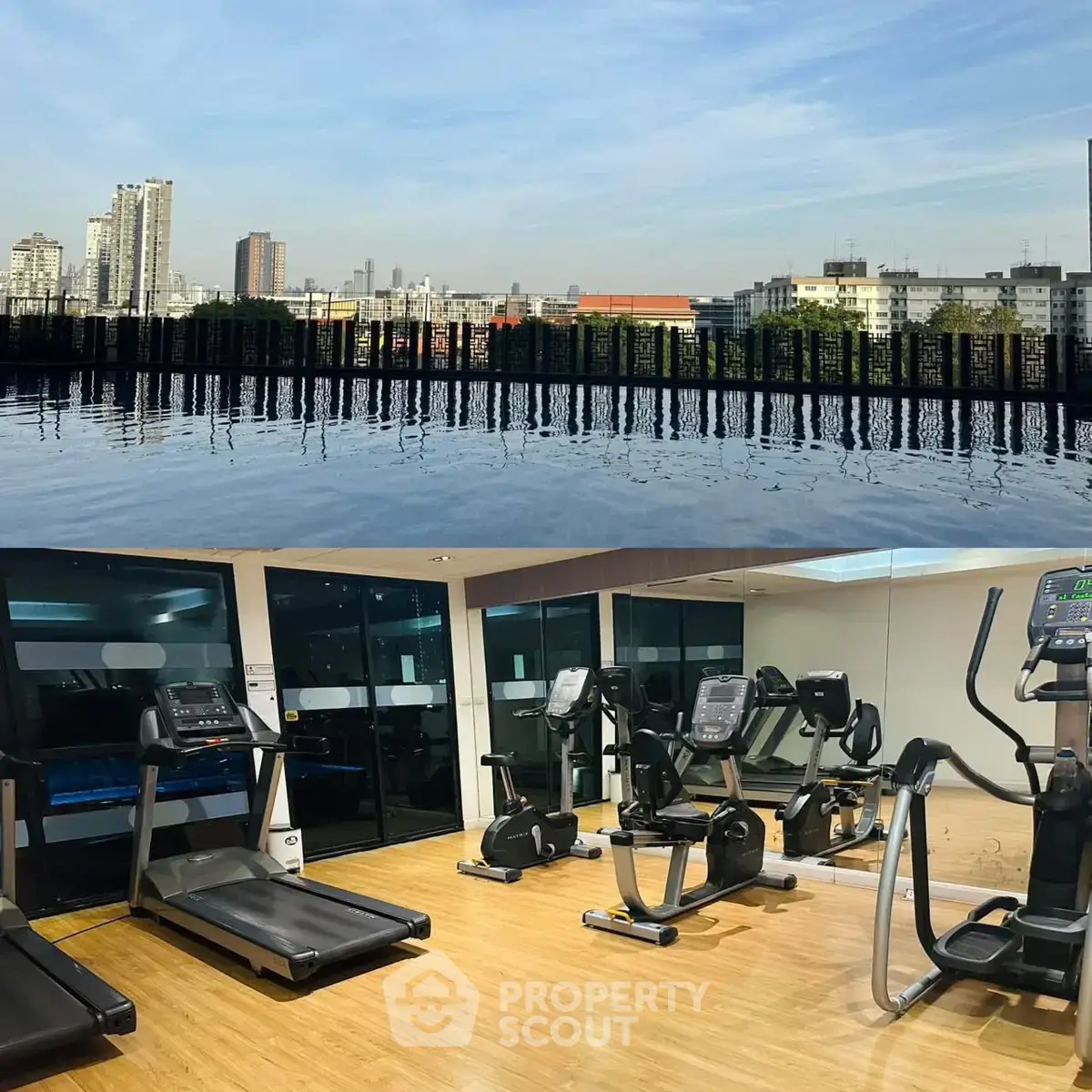 Modern gym with city view and state-of-the-art equipment in luxury residential building.