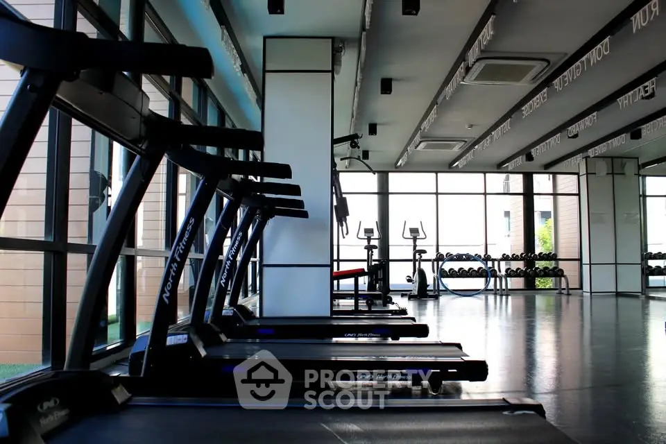 Modern gym with treadmills and weights in a bright, spacious setting.
