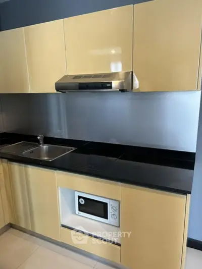Modern kitchen with sleek cabinetry and built-in appliances in a stylish apartment.
