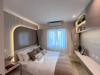 Modern bedroom with elegant decor and ambient lighting