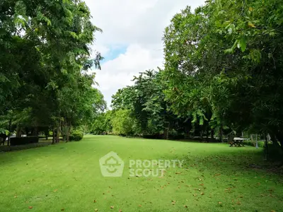 Lush green garden with trees and open lawn in a serene residential area.