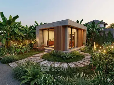 Modern tiny home with lush garden and stone pathway, perfect for sustainable living.