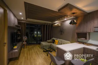 Cozy modern studio apartment with integrated living space, featuring sleek wooden finishes, stylish lighting, and a welcoming ambiance perfect for urban living.