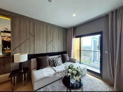 Modern living room with stylish decor and balcony view in luxury apartment