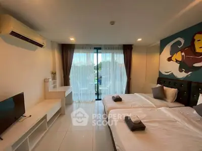 Modern bedroom with balcony and superhero wall art, featuring twin beds and sleek decor.