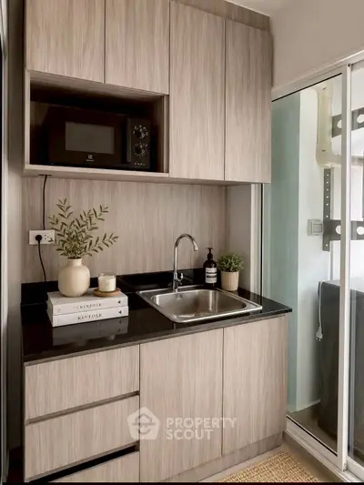Modern compact kitchen with sleek cabinetry and built-in microwave, featuring a stylish sink and decorative plants.