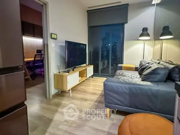 Modern living room with sleek furniture and city view