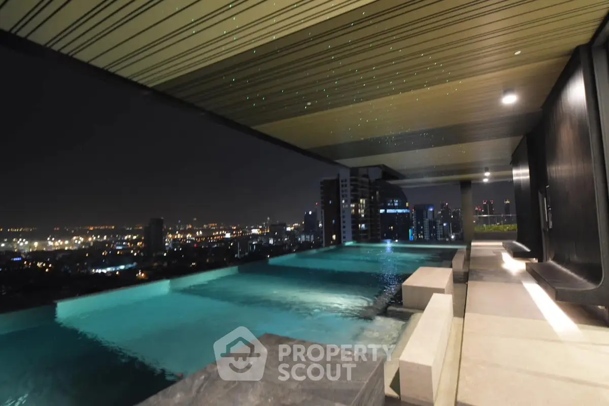 Luxurious rooftop infinity pool with stunning city skyline view at night.