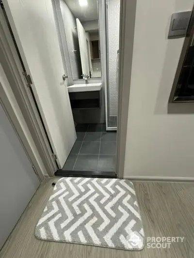 Modern bathroom entrance with stylish gray and white mat, sleek sink, and contemporary design.