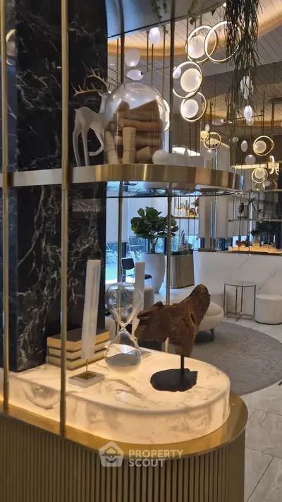 Luxurious modern living room with elegant decor and ambient lighting