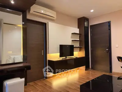 Modern living room with sleek furniture and ambient lighting