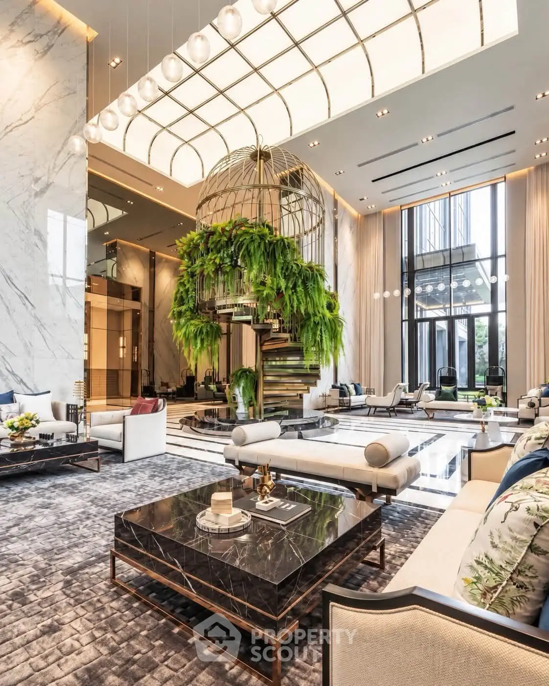 Luxurious modern living room with high ceilings, elegant decor, and lush greenery, perfect for sophisticated living.