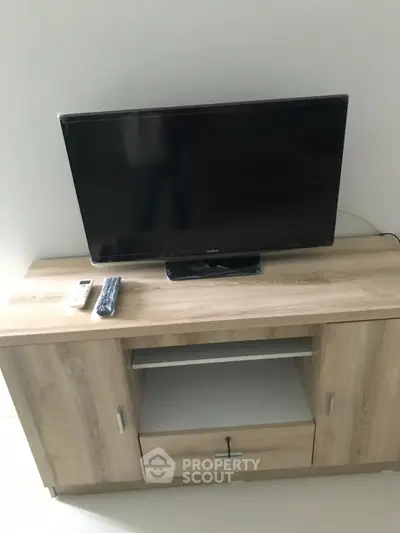 Modern living room setup with sleek TV on stylish wooden cabinet, perfect for contemporary homes.