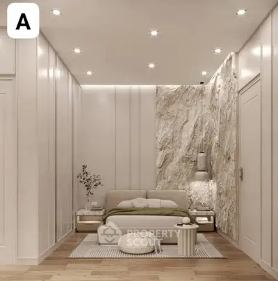 Luxurious modern bedroom with elegant stone accent wall and ambient lighting