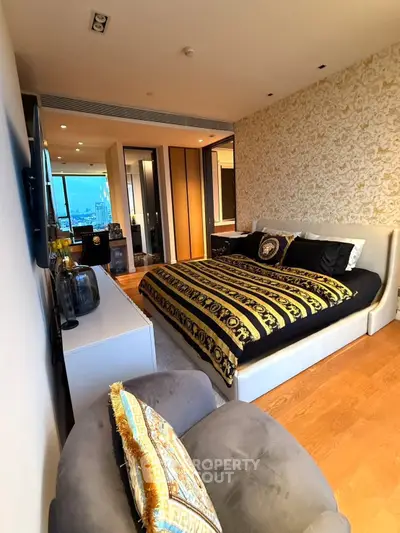 Luxurious bedroom with elegant decor and city view