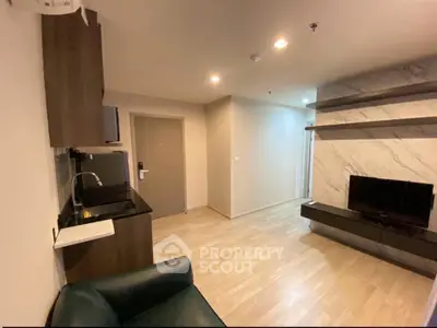 Modern living room with sleek design and built-in TV unit