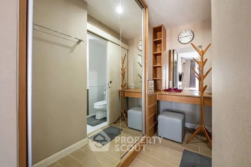 Modern bathroom with stylish vanity and large mirror