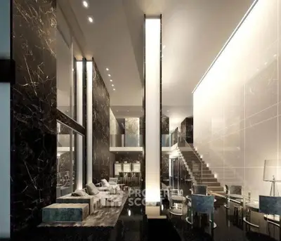 Luxurious modern living room with high ceilings and elegant marble finishes